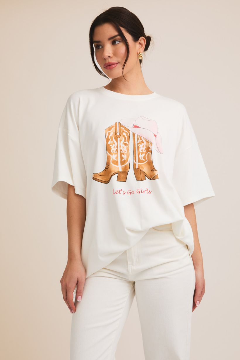 Camiseta Oversized de Algodón con Estampado Western: Botas y Sombrero
