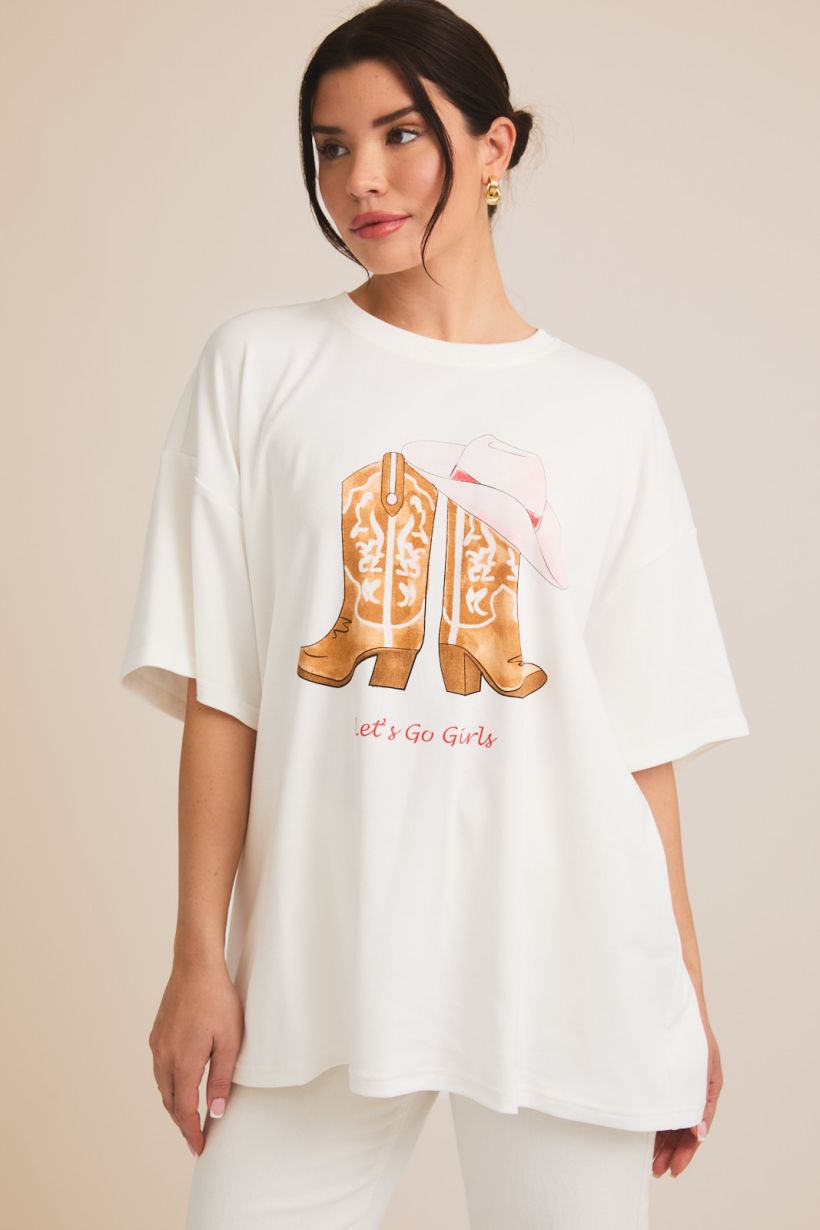 Camiseta Oversized de Algodón con Estampado Western: Botas y Sombrero