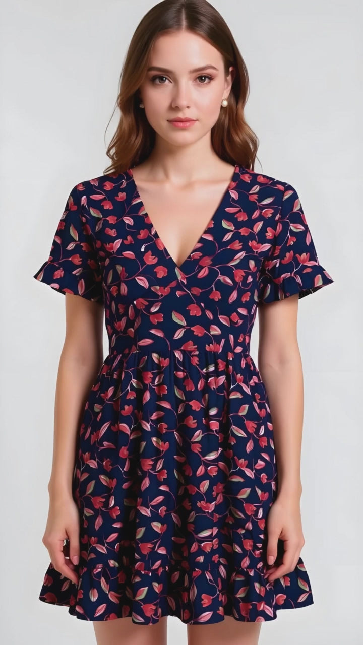 Vestido Floral Azul Con Rojo Para Mujer Silueta Fluida Verano Chic Estilo Diario Atractivo Coqueta