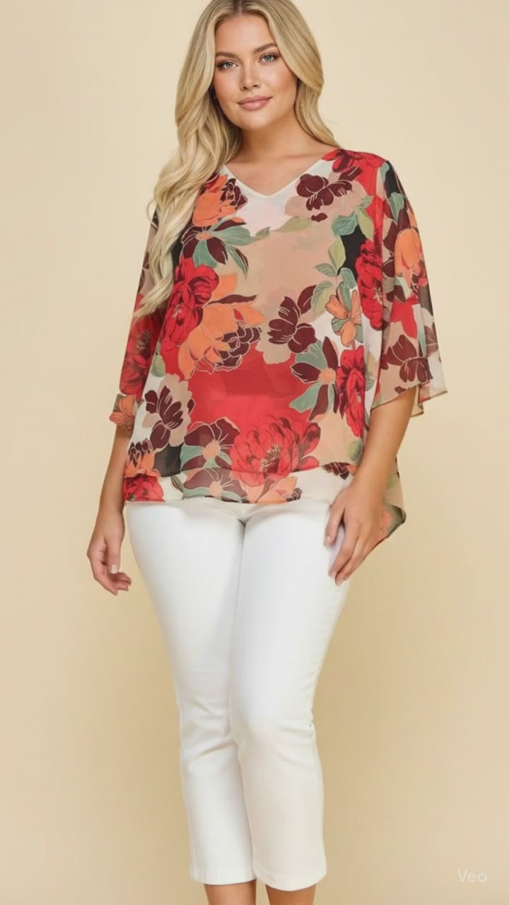 Blusa talla extra de doble capa con manga tres cuartos roja floral roja