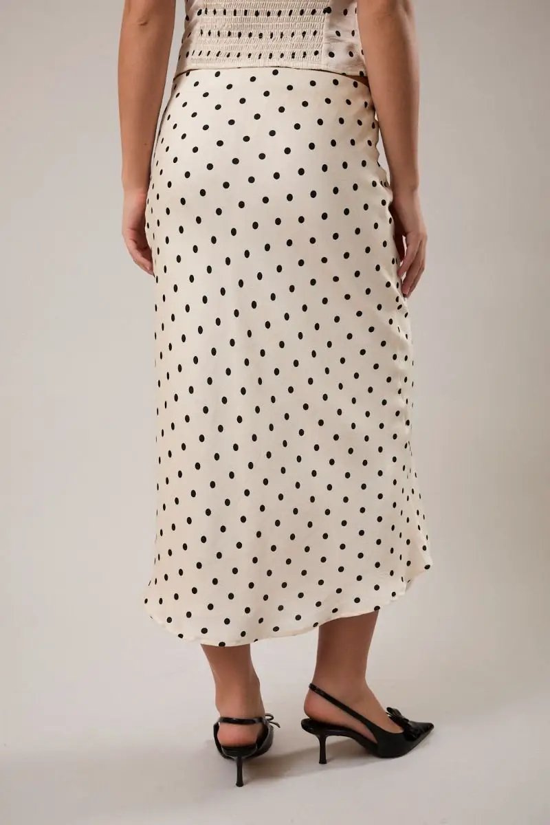 Falda Larga Beige Estampado Lunares Tiro Medio - Elegancia Femenina by Lelis Collection