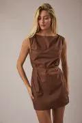 Lelis Brown Boat Neck Waist Tie Mini Dress – Cotton Woven Sleeveless Dress - Dresses