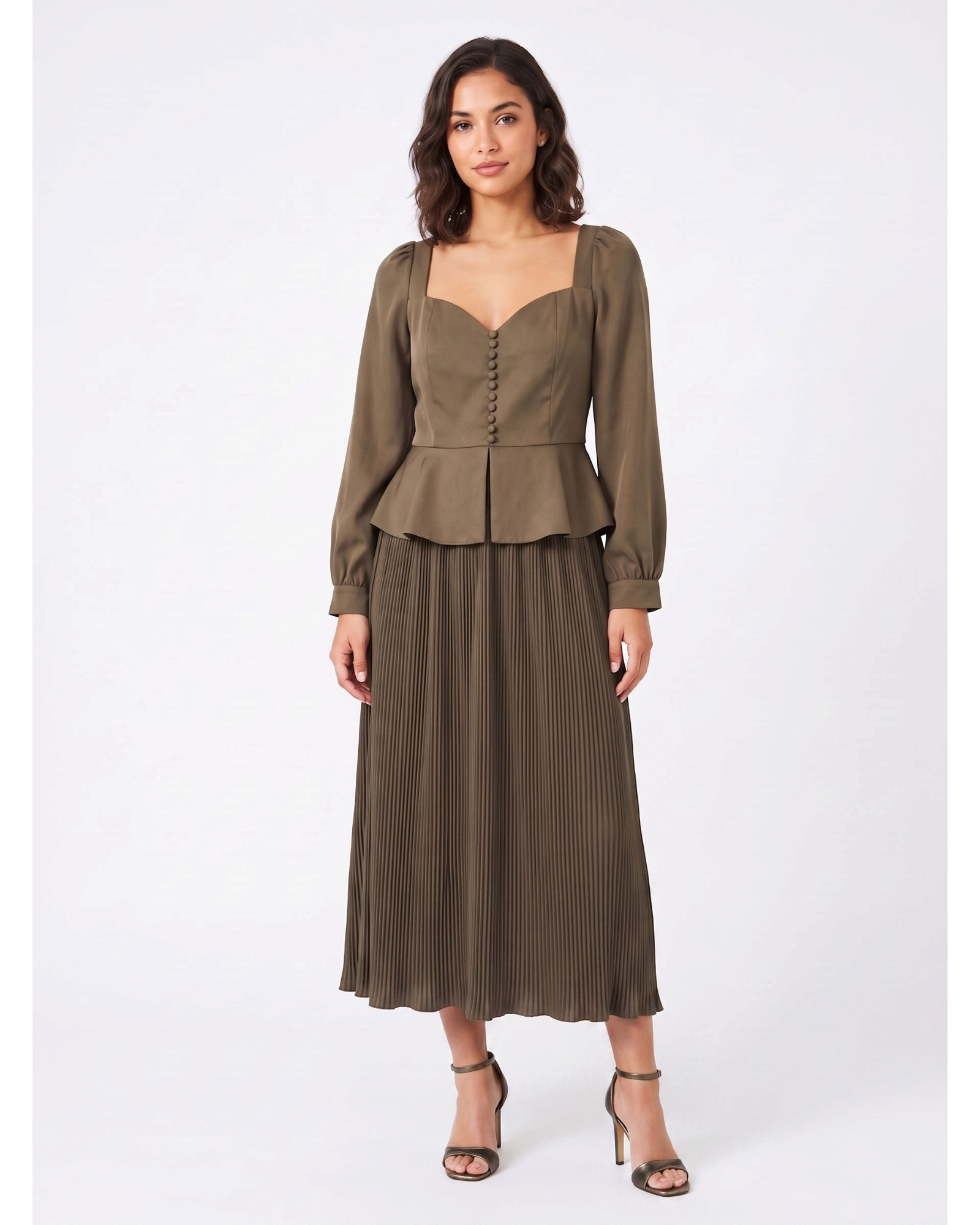 Studio photo of Vestido Café Con Falda Plisada Línea A Manga Larga Versátil Para Ocasiones Civiles Y Formales in Edit: no pants under dress, add heels or sanda…