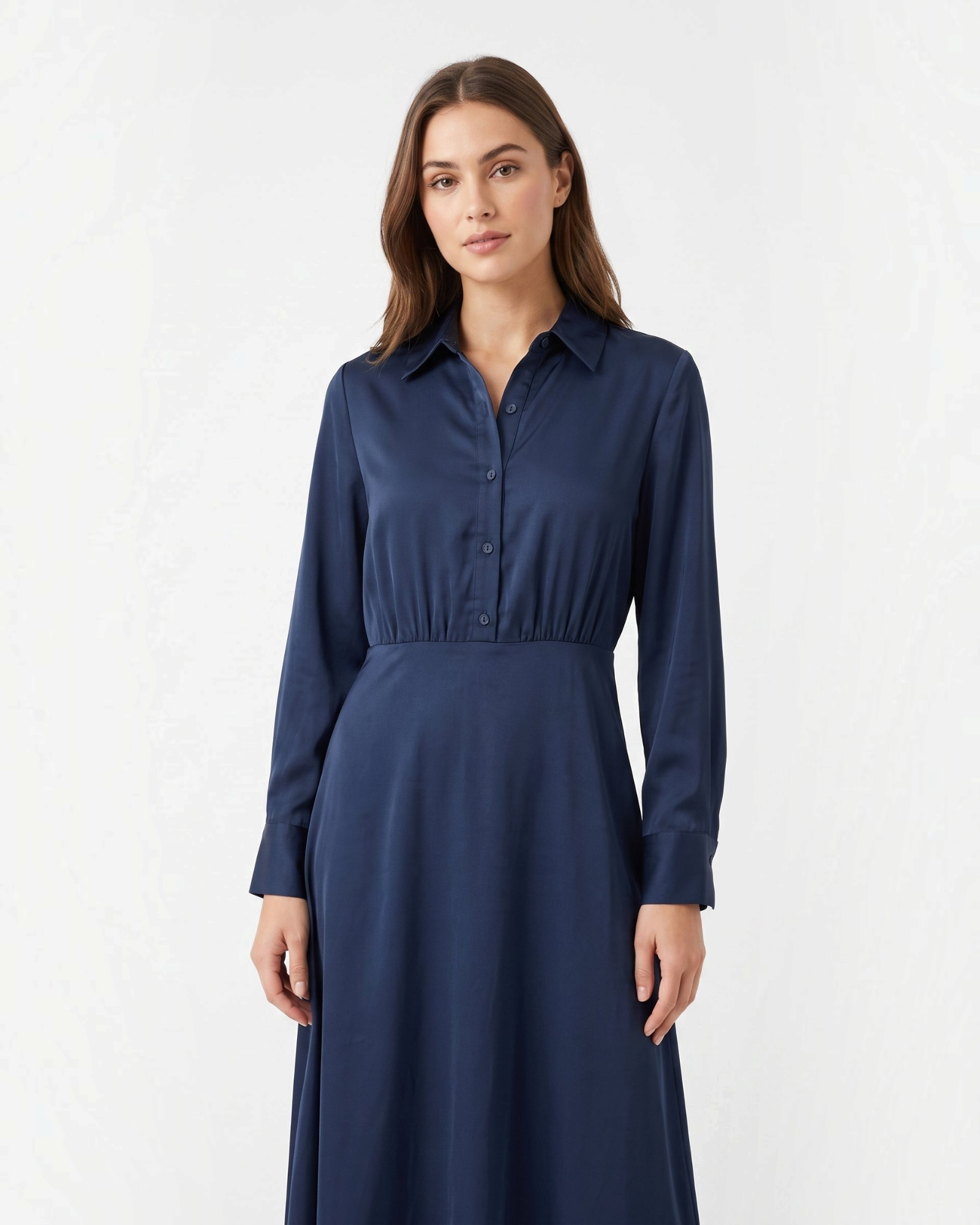 Studio photo of Vestido Seda Azul Manga Larga Upper body shot from chest up, facing camera, natural expression, shoulders relaxed. CAMERA SHOT: A FULL BODY shot capturing the person from head to toe. [Upper body focus]