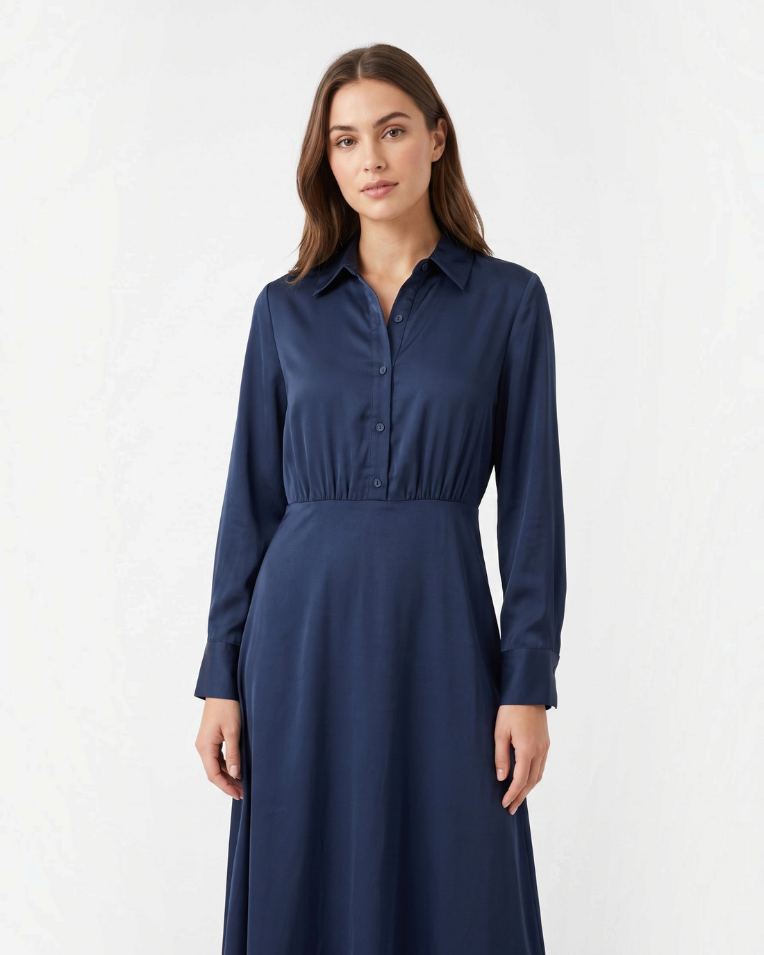 Studio photo of Vestido Seda Azul Manga Larga Upper body shot from chest up, facing camera, natural expression, shoulders relaxed. CAMERA SHOT: A FULL BODY shot capturing the person from head to toe. [Upper body focus]