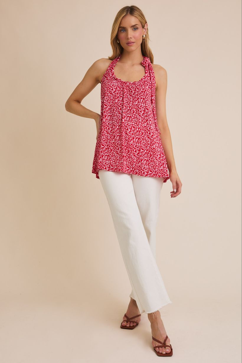Blusa de Verano sin Mangas con Cuello Redondo y Lazo - Estampado Fluido