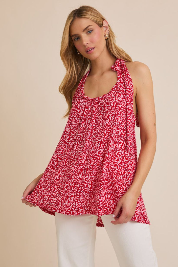 Blusa de Verano sin Mangas con Cuello Redondo y Lazo - Estampado Fluido