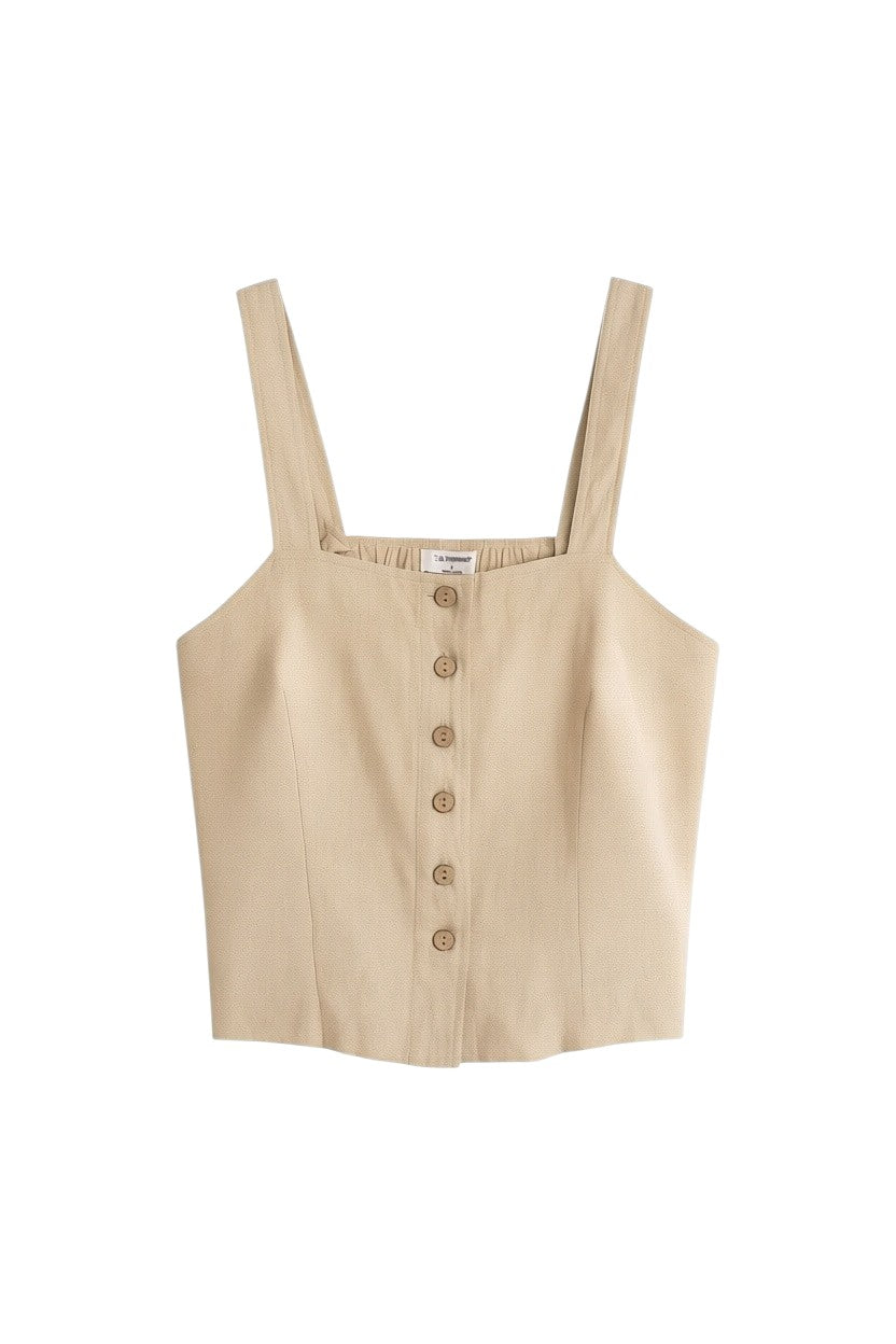 Beige Sleeveless Button-Up Crop Top with Ruffles
