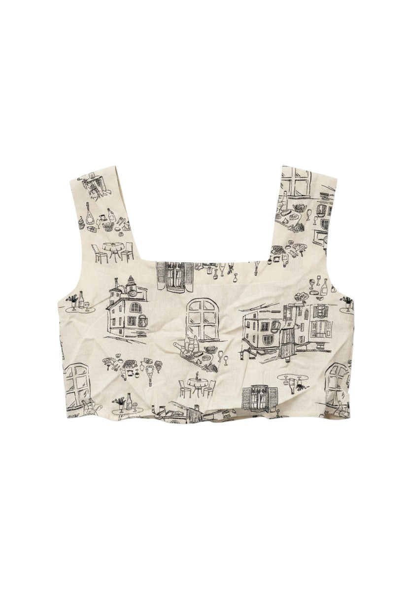 Beige Square Neck Crop Top with Print Detail