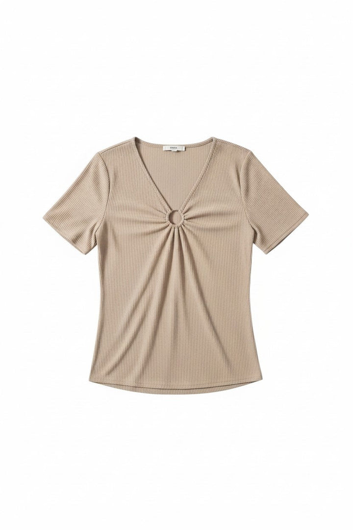 Beige Short Sleeve Top with Ring Detail