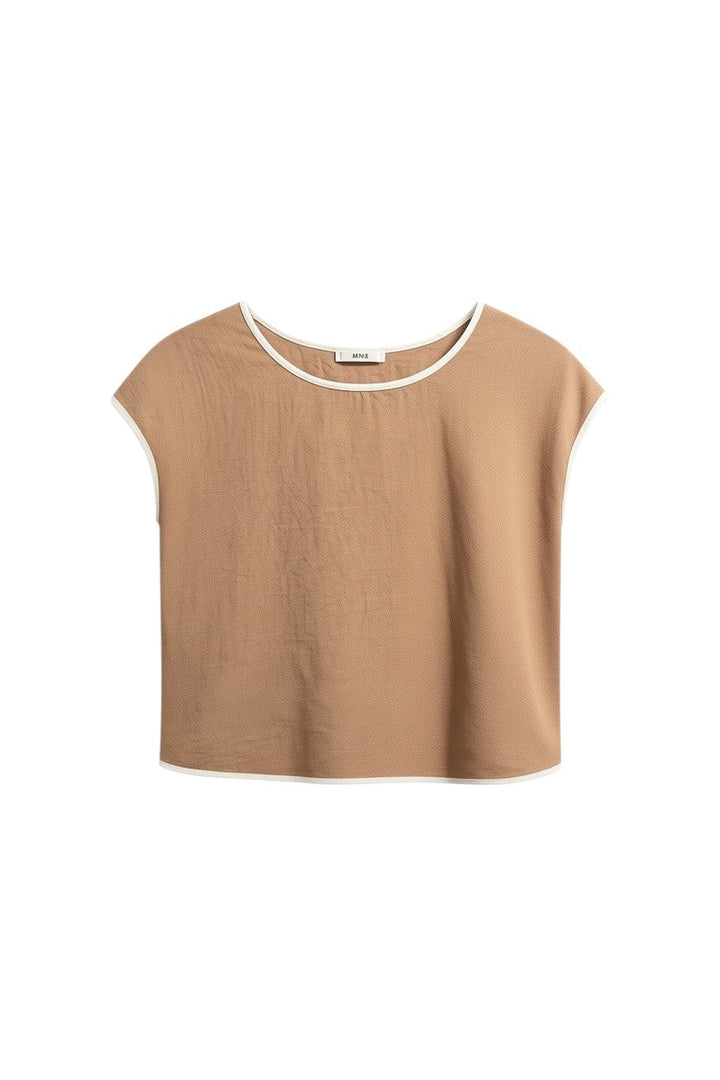 Brown Short Sleeve Crop Top with Contrast Trim