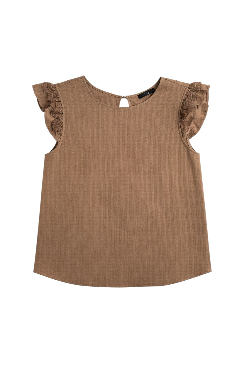 Brown Short Sleeve Top with Lace Trim