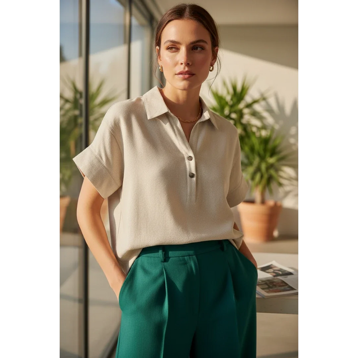 Cream Short Sleeve Button-Up Top with Collar
