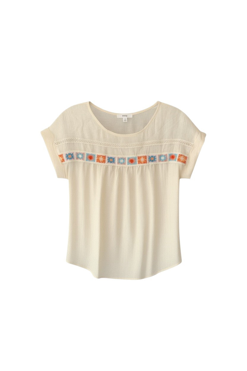 Cream Short Sleeve Top with Colorful Embroidery Detail
