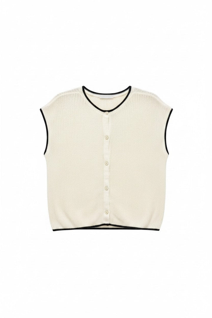 Cream Short Sleeve Knit Top with Button Detail