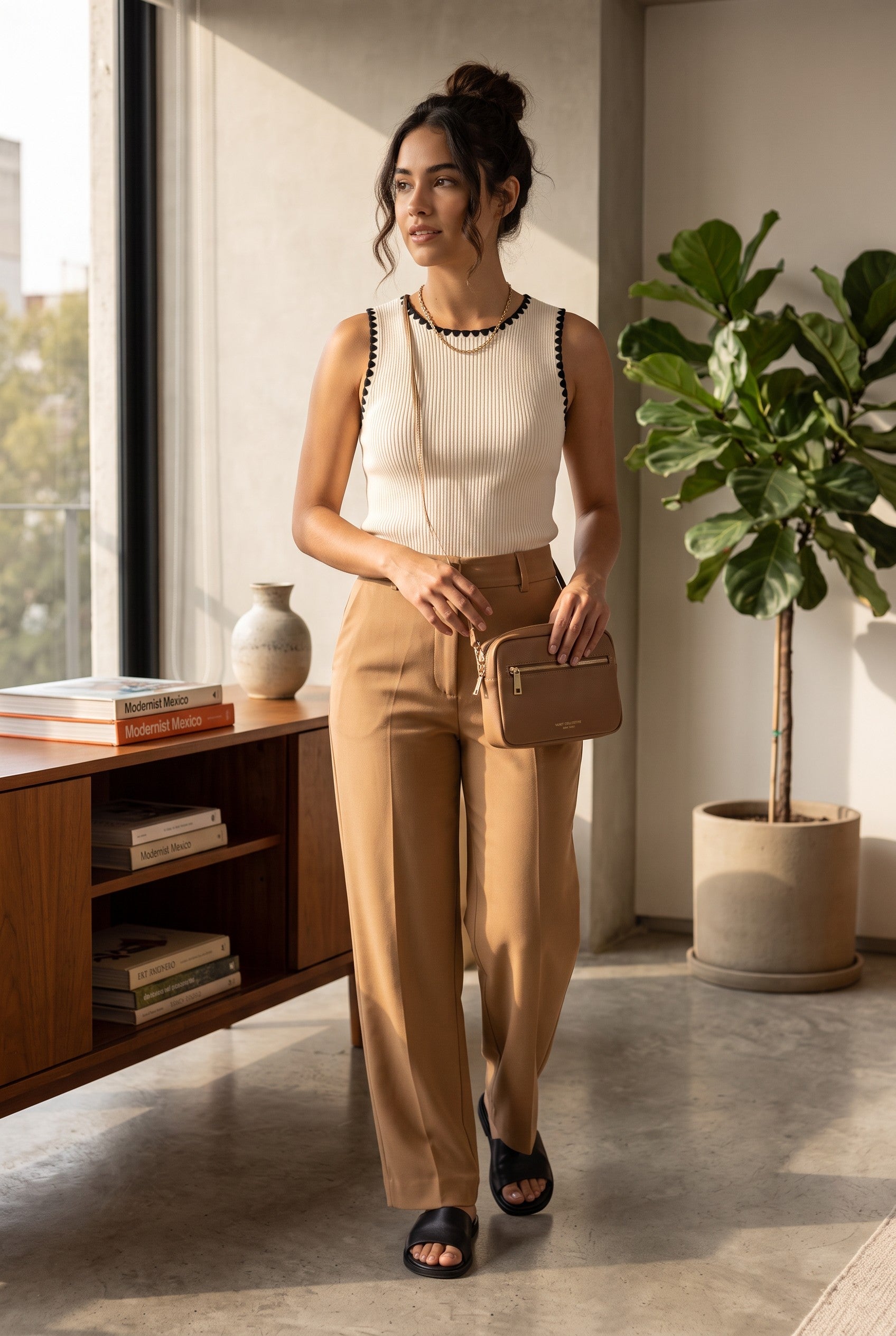 Cream Sleeveless Ribbed Crop Top with Black Trim