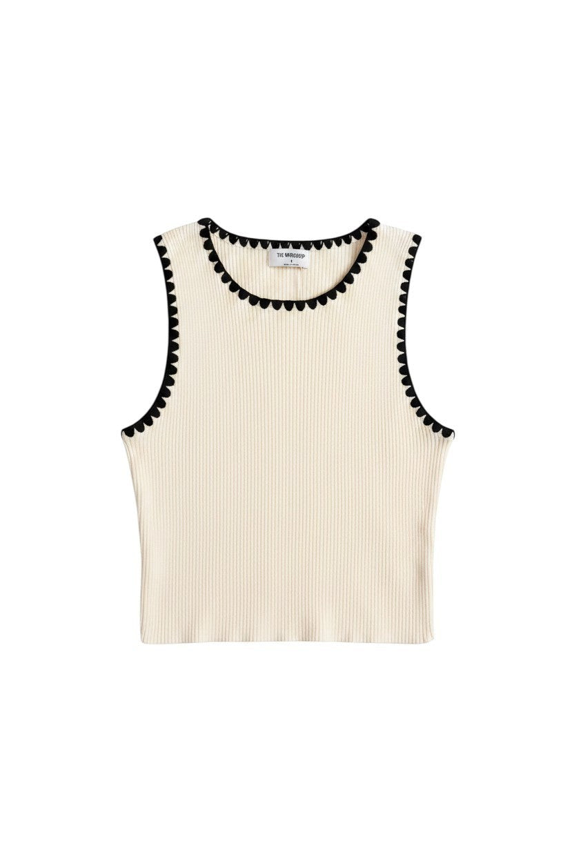Cream Sleeveless Ribbed Crop Top with Black Trim