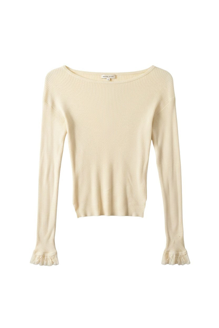 Cream Long Sleeve Ribbed Top with Frayed Hem