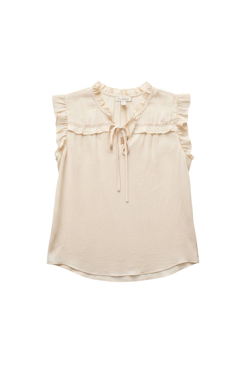 Cream Short Sleeve Ruffled Blouse with Tie Detail