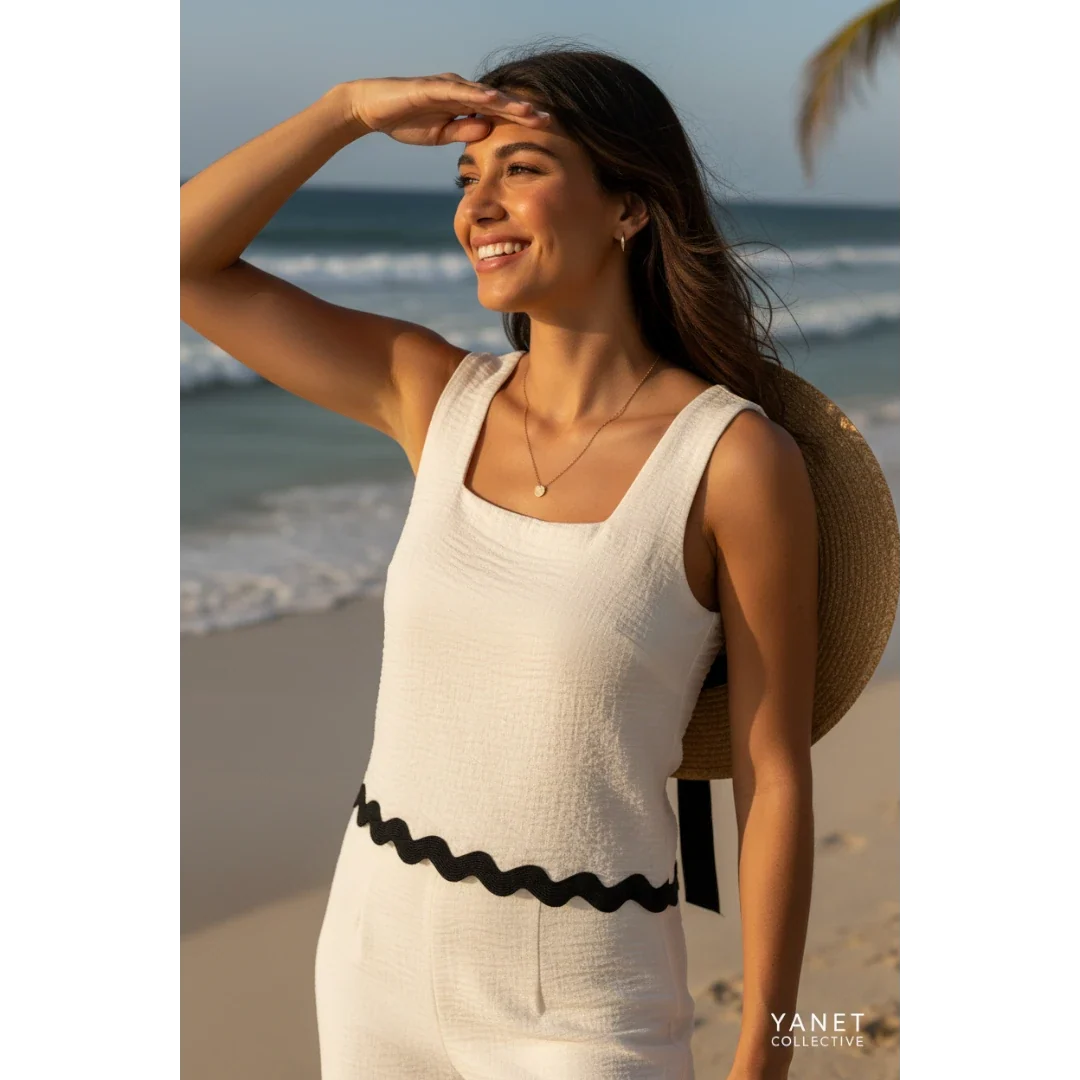 Cream Square Neck Crop Top with Scalloped Hem