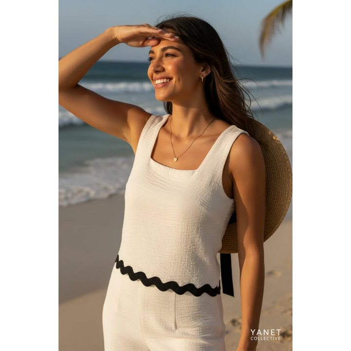 Cream Square Neck Crop Top with Scalloped Hem