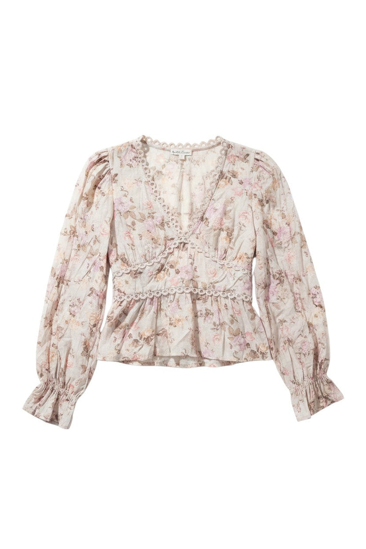 Floral Long Sleeve V-Neck Blouse with Lace Trim