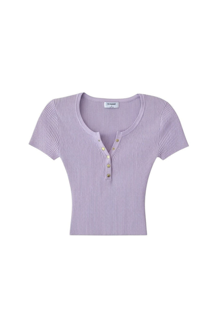Lilac Short Sleeve Ribbed Top with Button Detail
