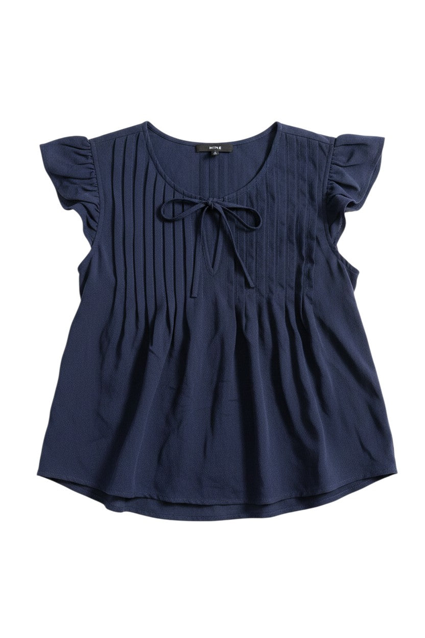 Navy Short Sleeve Pleated Top with Tie Detail