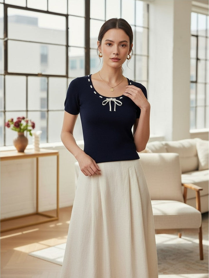 Navy Short Sleeve Top with Decorative Tie Detail