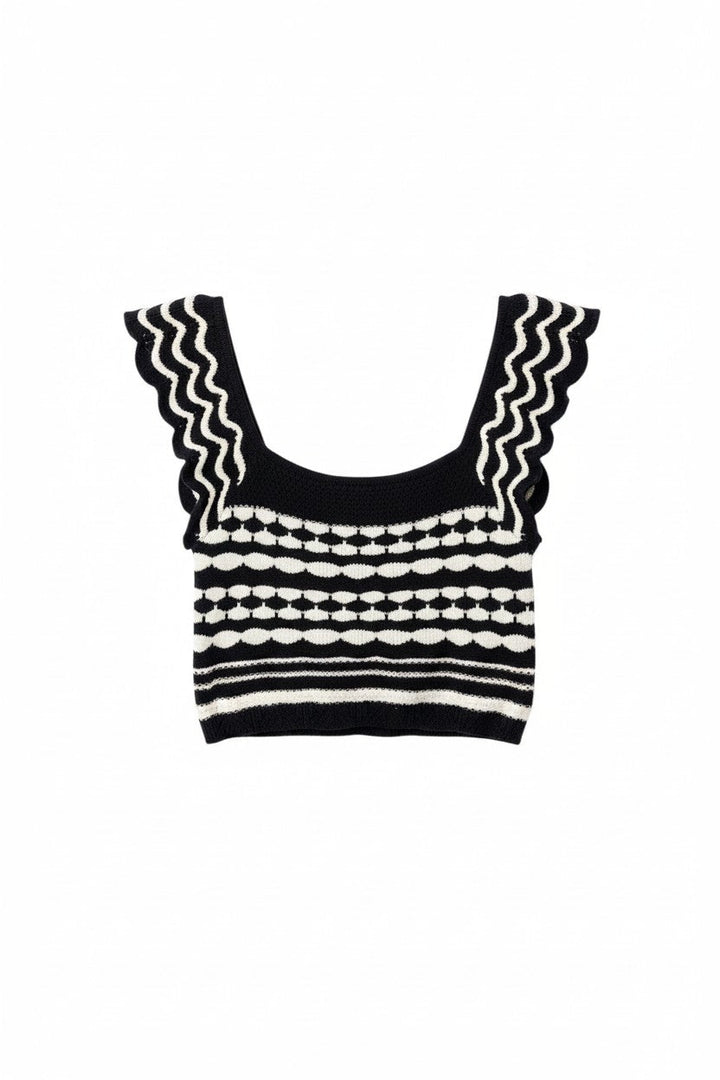 Navy & White Scalloped Crop Top with Patterned Knit