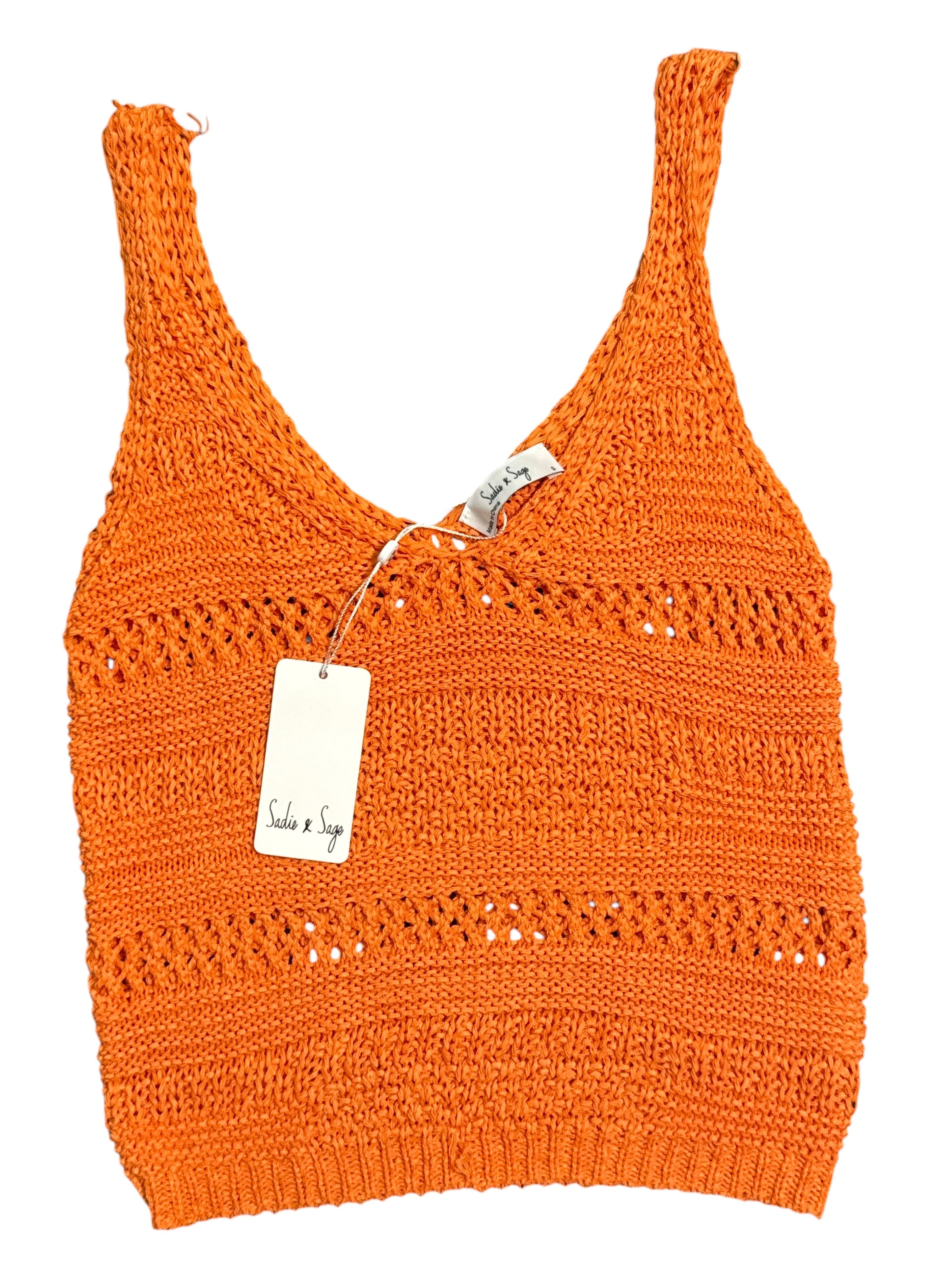 Orange Spaghetti Strap Crochet Top with V-Neck