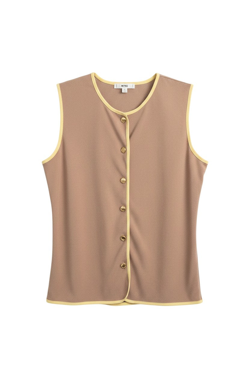 Peach Sleeveless Button-Up Top with Contrast Trim
