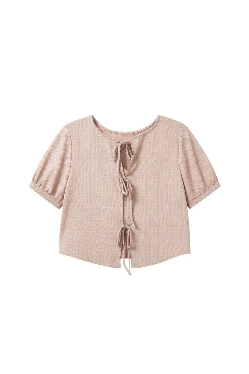 Pink Short Sleeve Textured Top with Puff Sleeves