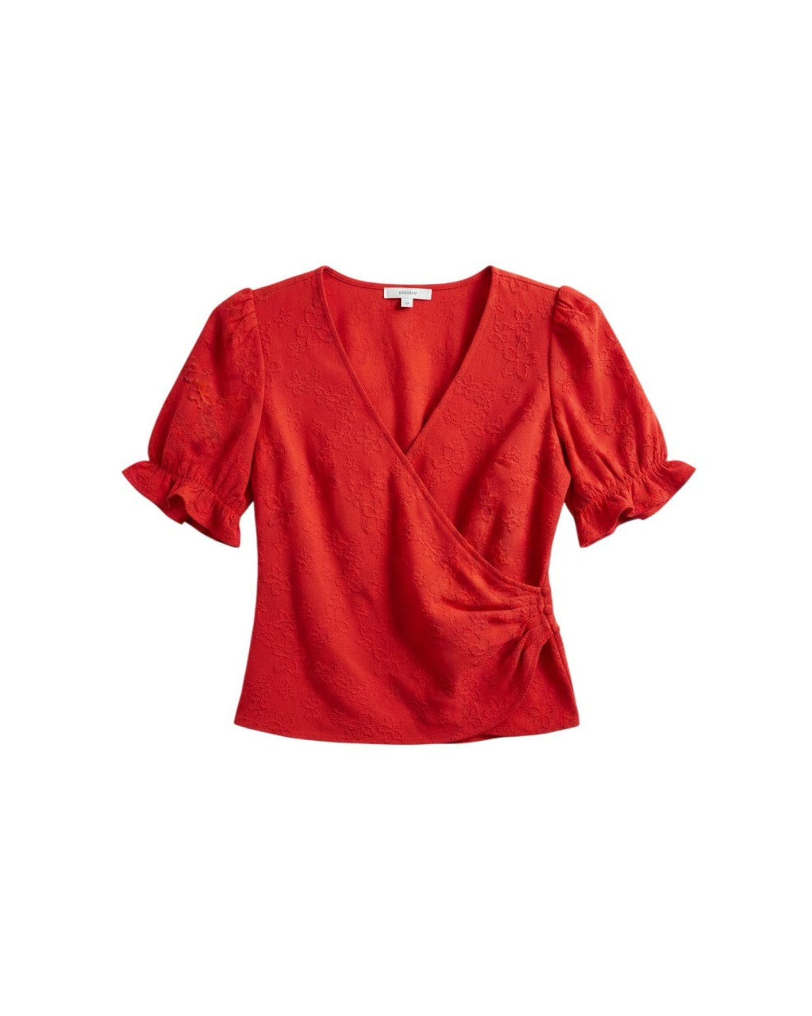 Red Short Sleeve Wrap Top with Ruffle Detail
