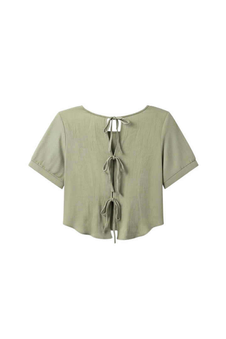 Sage Green Short Sleeve Blouse with Tie Detail
