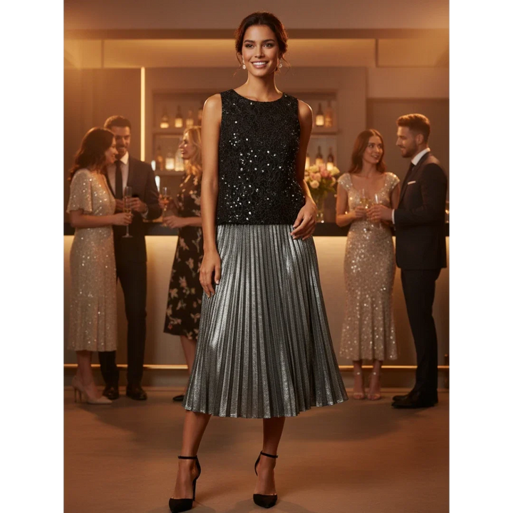 Black Sleeveless Sequin Top with Silver Pleated Skirt