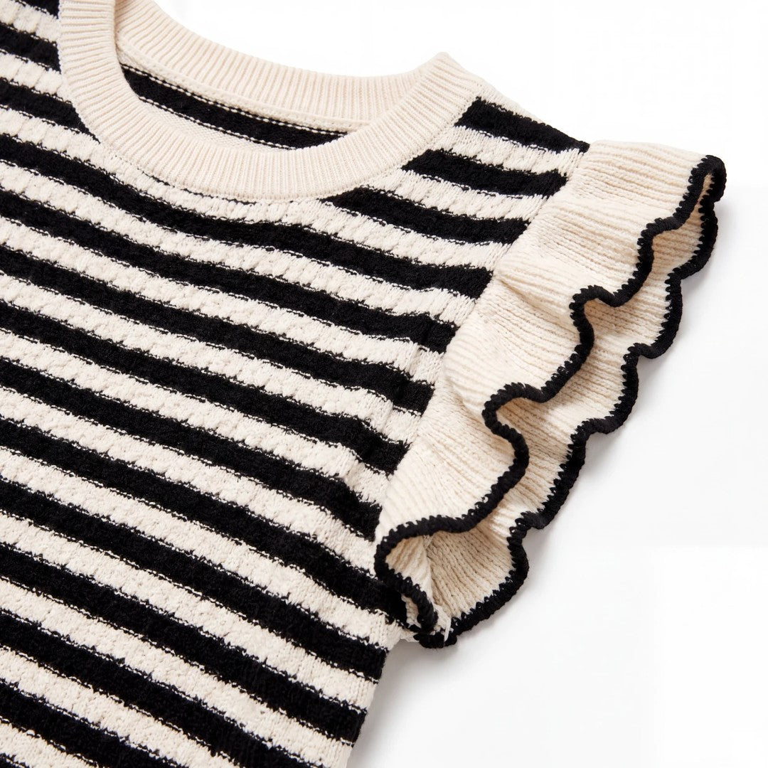 Black and White Striped Knit Top with Ruffle Sleeves