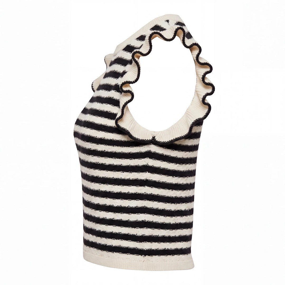 Black and White Striped Knit Top with Ruffle Sleeves