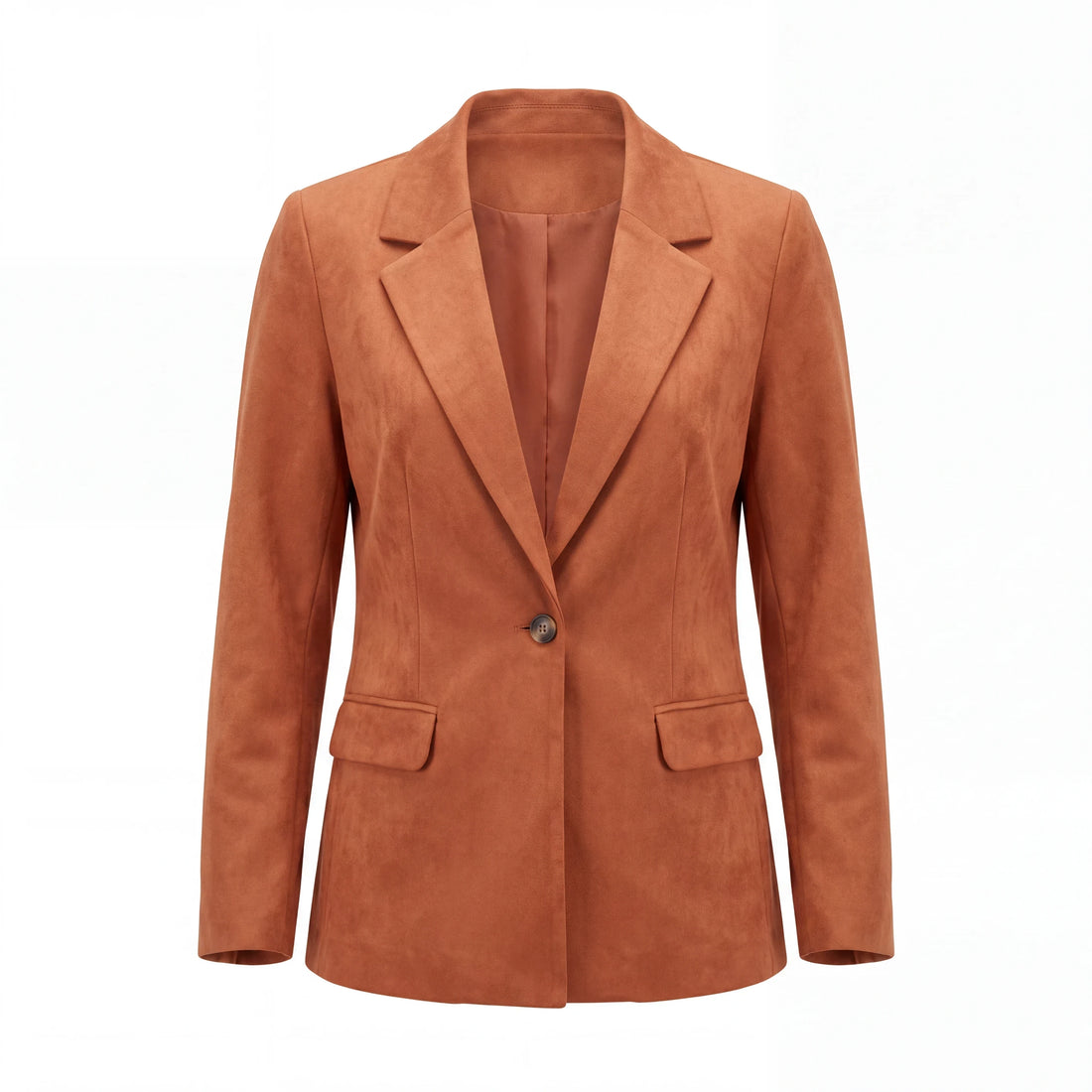 Blazer Yanet Collective de lino naranja con solapa clásica, cierre de botón frontal y bolsillos funcionales.