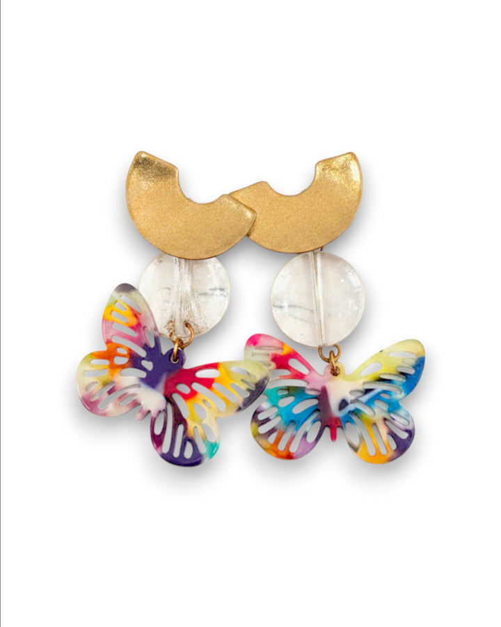 Aretes Mariposa Multicolor con Charm Dorado y Dije Transparente | Joyería Artesanal Bohemia Mujer by Yanet Collective