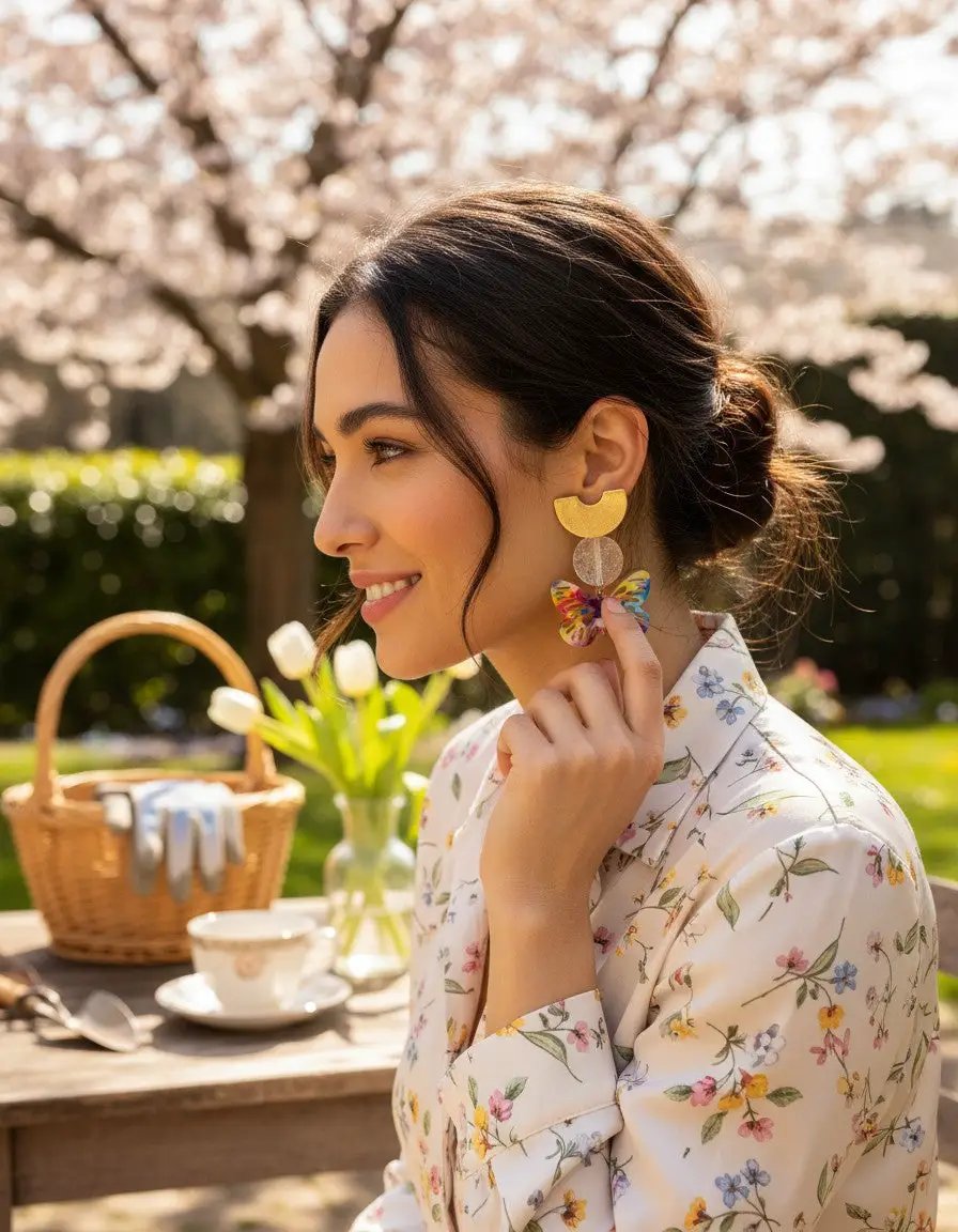 Aretes Mariposa Multicolor con Charm Dorado y Dije Transparente | Joyería Artesanal Bohemia Mujer by Yanet Collective
