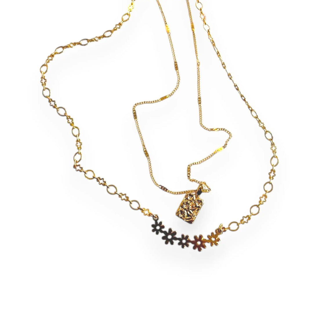 Collar cadena doble de flores y rectangulo by Yanet Collective