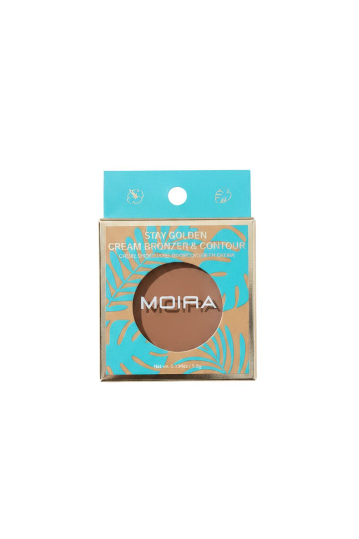 Yanet Collective MOIRA Stay Golden cream bronzer and contour compact in a tropical-themed blue and gold box