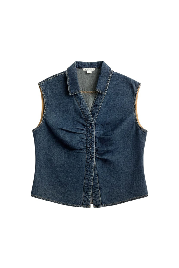 Yanet Collective sleeveless denim blouse with a V-neck, button-down front, and gathered waist detail.